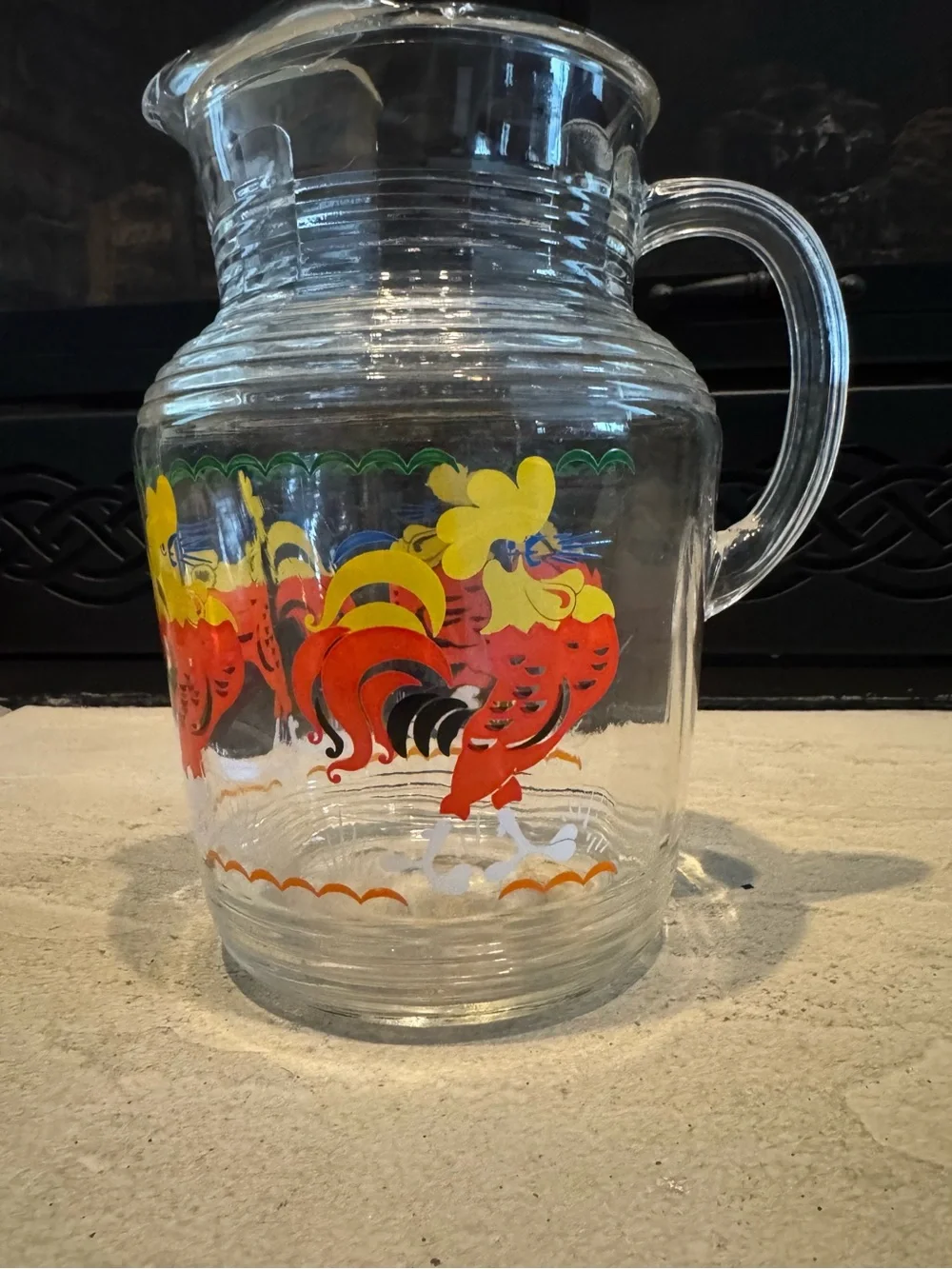 Vintage Clear Glass Pitcher with Bright Roosters - Great Design !